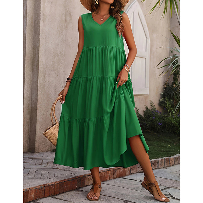 Women's Summer Casual Sleeveless V Neck Swing Dress Flowy Tiered Maxi Beach Dress - My Store