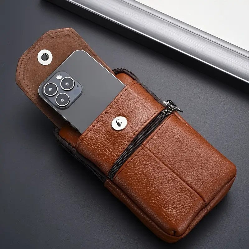 Leather Mobile Phone Shoulder Covers, Men's Belt Bags, Vertical Holster Belt Clip Pockets, Carrying Cases With Card Slots - My Store