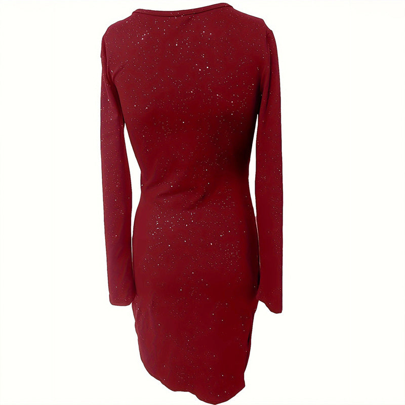 Elegant Women's Solid Color V-Neck Bodycon Dress - Long Sleeve Slim Fit Party Dress For Fall&Spring - My Store