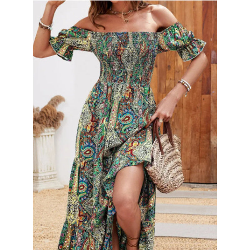Women's Off The Shoulder Dresses Boho Flowy Smocked Maxi Sundress Beach Vacation Summer Dress - My Store