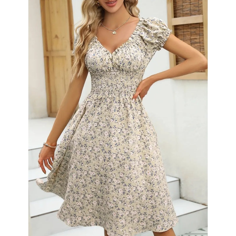 Women's Floral Summer Dress Casual Short Sleeve Ruffle Flowy Midi Sundress Boho Beach Vacation Dress - My Store