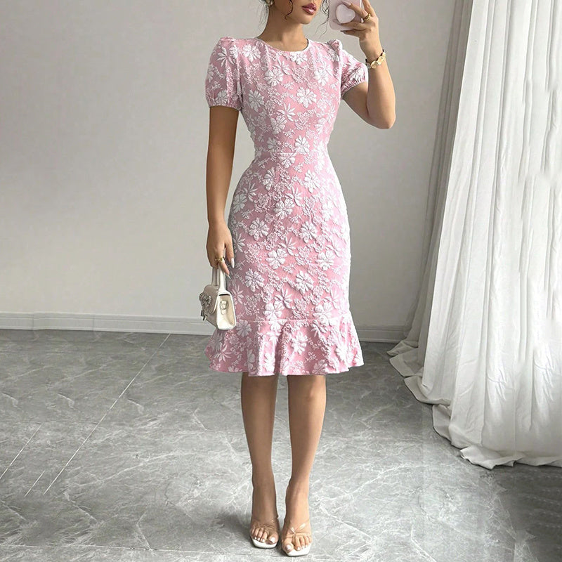 Women's Floral Jacquard Dress Women's Short Puff Sleeve Crew Neck Ruffle Hem Bodycon Dresses - My Store