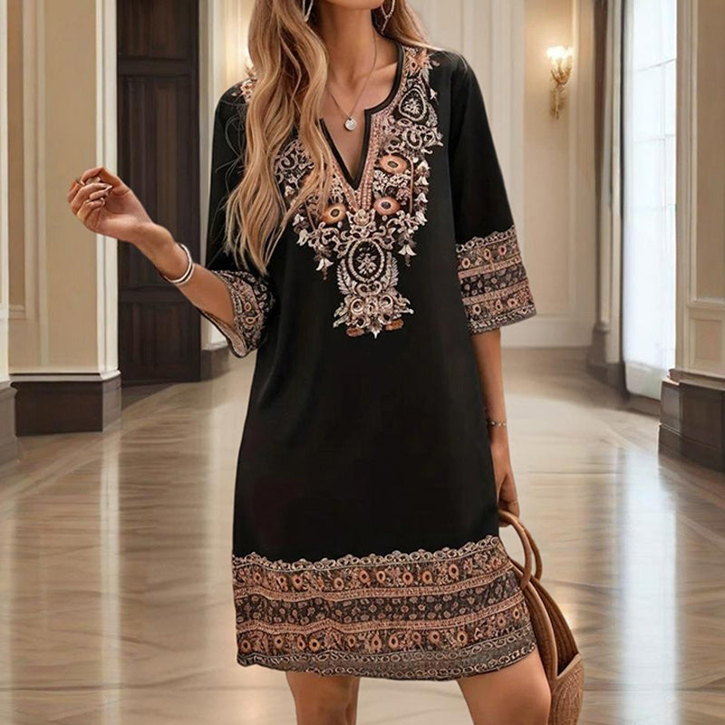 Women's V-Neck Middle Eastern Style Floral Print Midi Dress - Elegant Sleeve Design Lightweight Perfect For Spring&Summer Vacation & Daily Wear - My Store