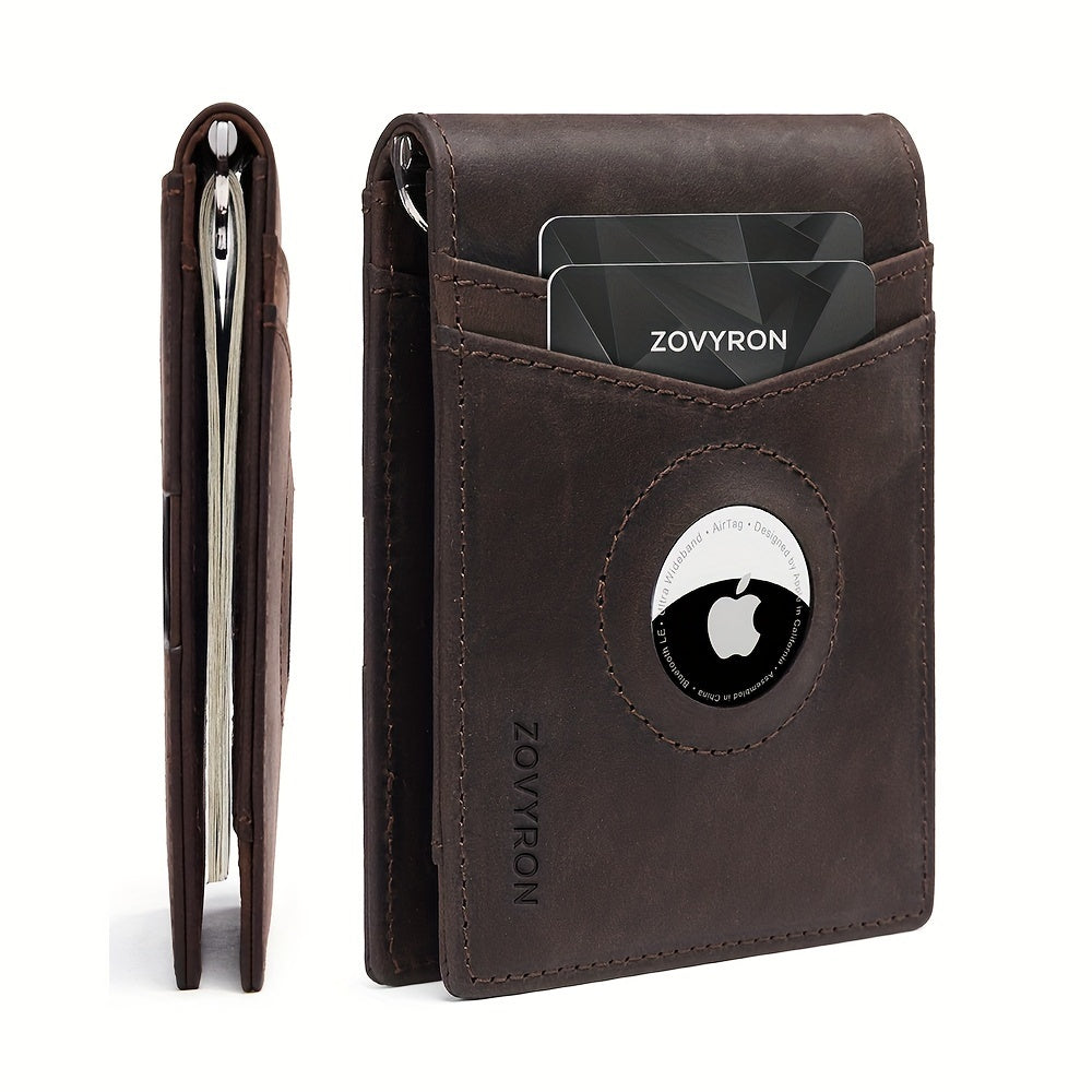 Mens Wallet Genuine Leather Slim Bifold Wallet With Airtag Holder, RFID Blocking, Front Pocket Wallet With Money Clip,ID Window Credit Card Holder - My Store