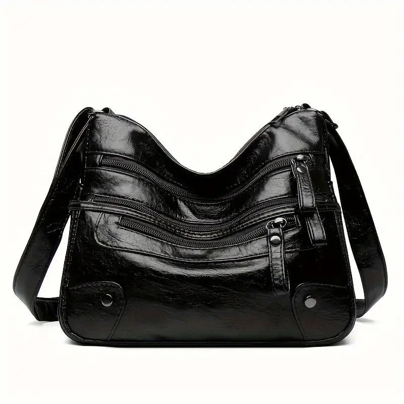 Women Shoulder Bag Large Capacity Washed Leather Messenger Bags Multi Zipper - My Store