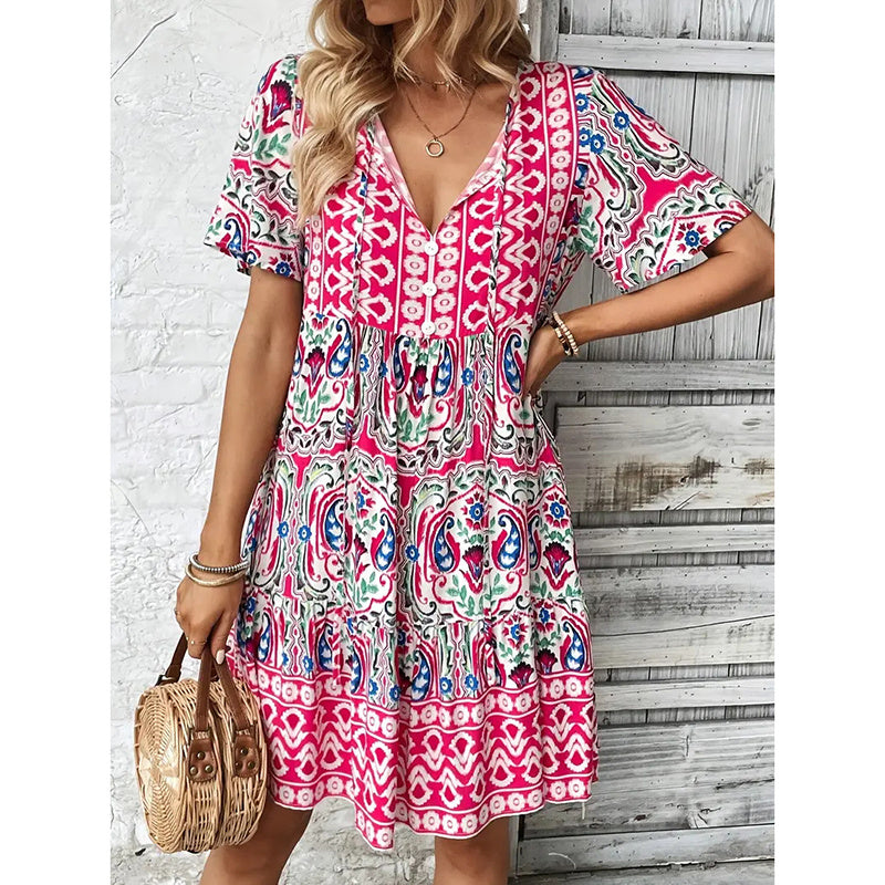 Women Casual Summer Dress Boho Drawstring V Neck Short Sleeve Floral Print Flowy Beach Dress - My Store