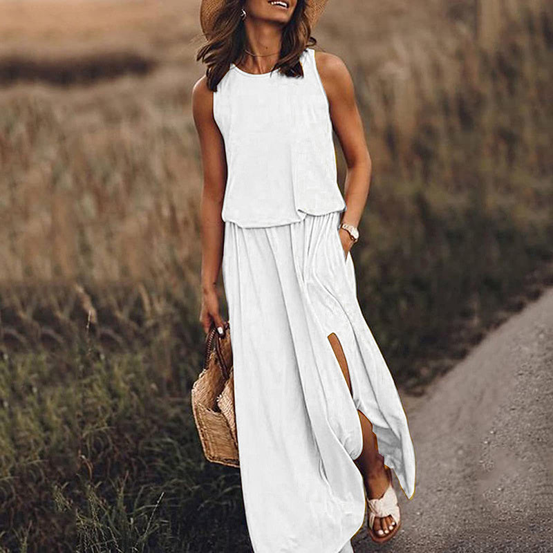 Women's Maxi Dress Summer Sleeveless Crewneck Sundress Casual Loose Long Dresses With Pockets - My Store