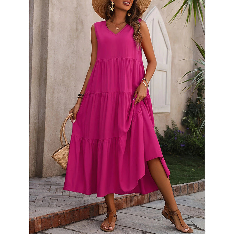 Women's Summer Casual Sleeveless V Neck Swing Dress Flowy Tiered Maxi Beach Dress - My Store