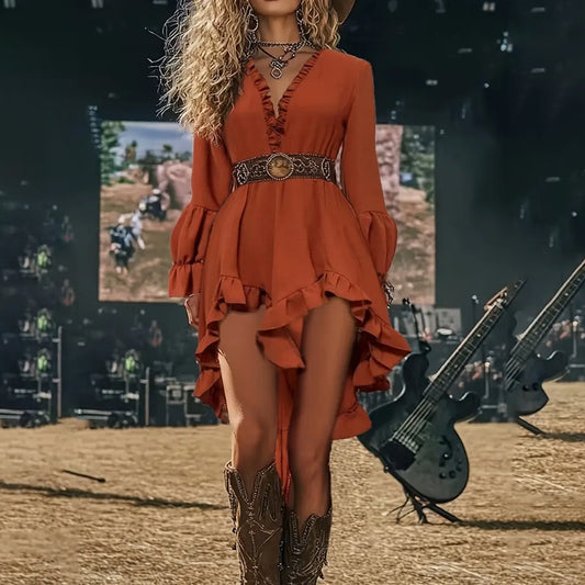 Womens Sexy Deep V Neck Western Cowgirl Dress Casual Long Sleeve Ruffle Irregular Hem Vintage Country Concert Dresses , No Belt Included - My Store