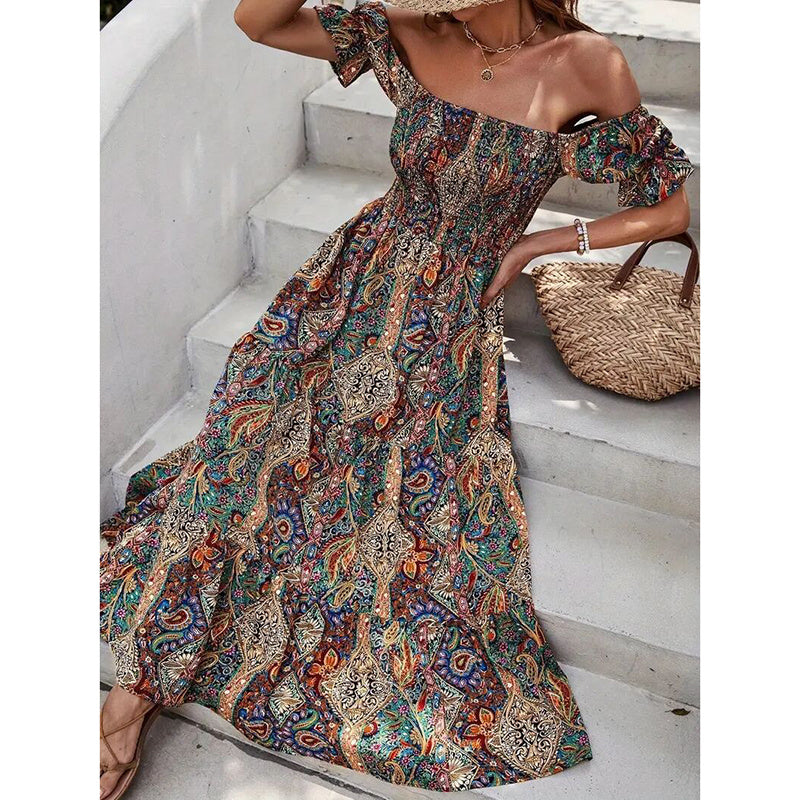 Women's Off The Shoulder Dresses Boho Flowy Smocked Maxi Sundress Beach Vacation Summer Dress - My Store