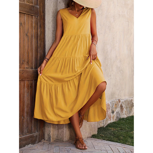 Women's Summer Casual Sleeveless V Neck Swing Dress Flowy Tiered Maxi Beach Dress - My Store
