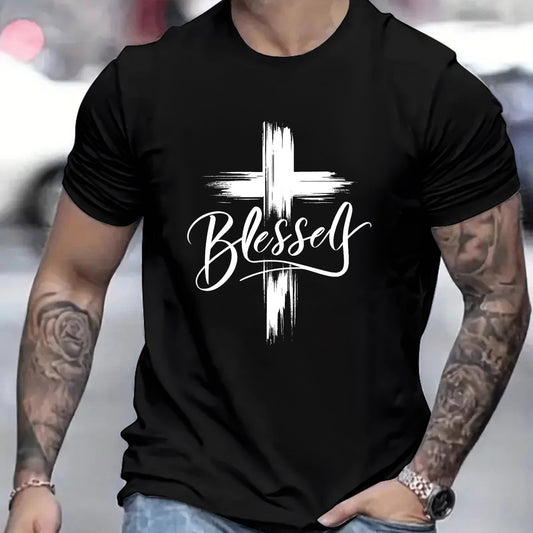 Blessed Print T-shirt, Men's T-shirt, Summer Casual Short Sleeved T-shirt - My Store