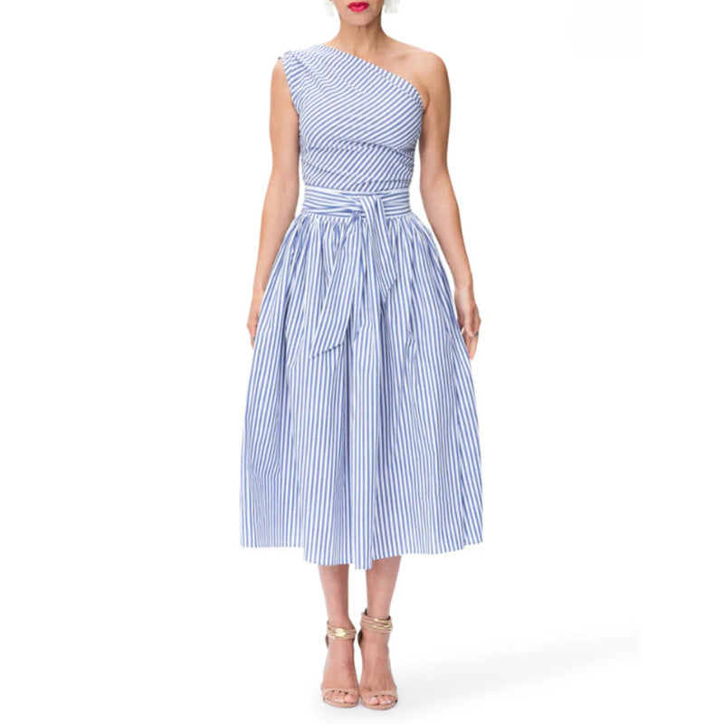 Women's Summer One Shoulder Striped Midi Dress Elegant Tie Waist Bodycon Dresses With Pockets - My Store