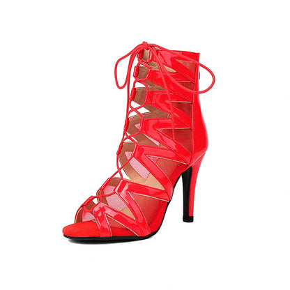 Jazz High Heels Belt Buckle Hollow Mesh Peep Toe Booties - My Store