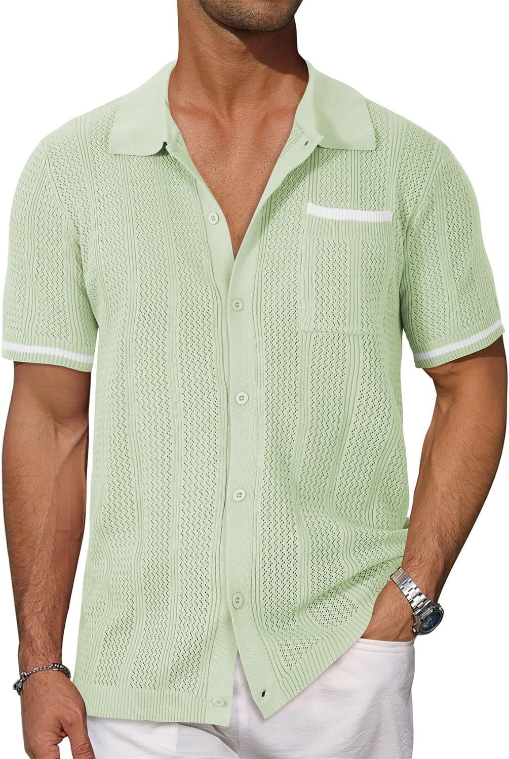 Short-sleeved Shirt Pocket Hollow Breathable Cool Summer Men's Casual Jacket Cardigan - My Store