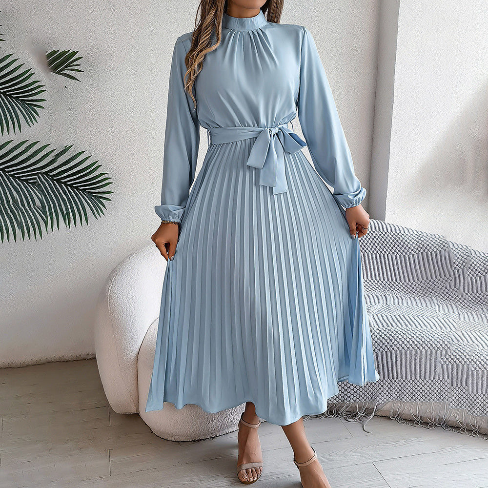 Elegant High Neck Long Sleeve Pleated Maxi Dress - Solid Color Flowy Dress For Women, Casual To Formal Wear - My Store