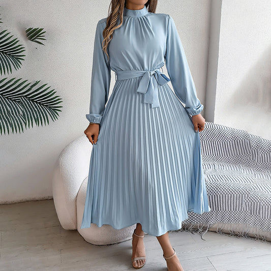 Elegant High Neck Long Sleeve Pleated Maxi Dress - Solid Color Flowy Dress For Women, Casual To Formal Wear - My Store