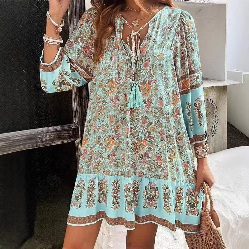 Women's Elegant V-Neck Fringe Bow Floral Print Dress Long Sleeve Comfortable Spring&Summer Dress - My Store