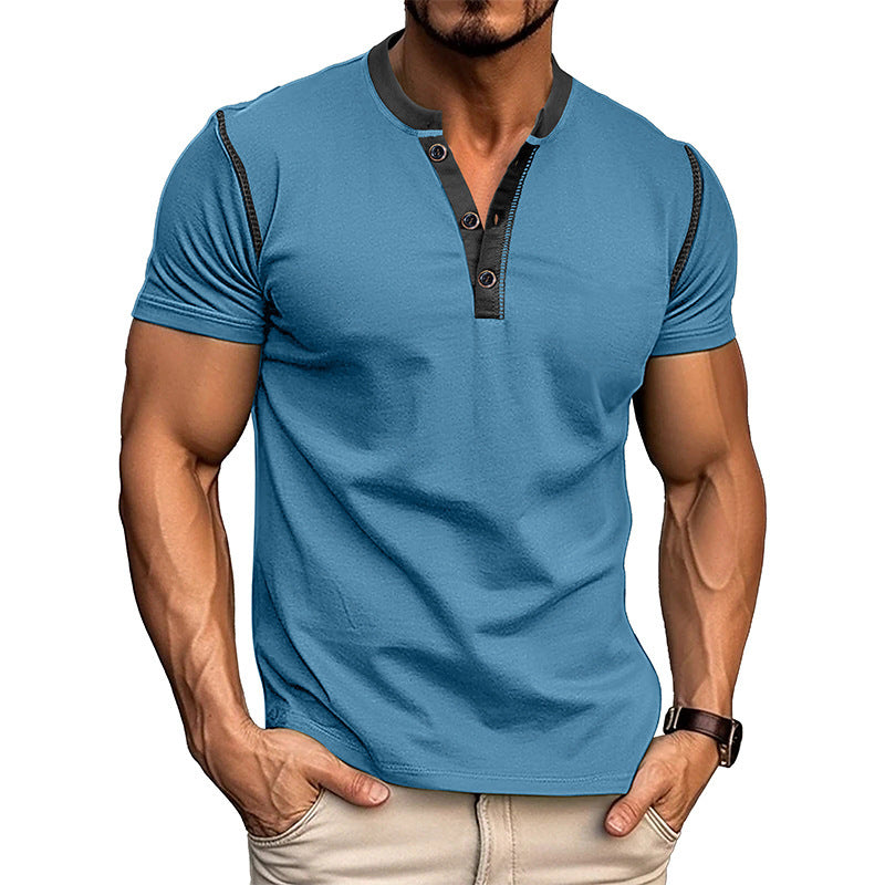 Fashion Short-sleeved Polo Shirt Summer Button V-neck T-shirt Tops Mens Clothing - My Store