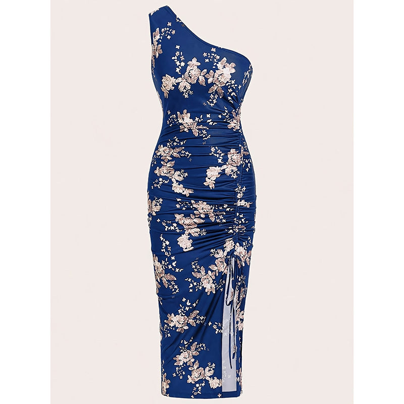 Women's One Shoulder Bodycon Dresses Summer 2025 Ruched High Split Floral Beach Cocktail Wedding Guest Dress - My Store
