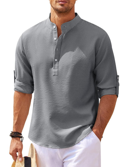 Men's Casual Shirt Long Sleeve Stand Collar Solid Color Shirt Mens Clothing - My Store