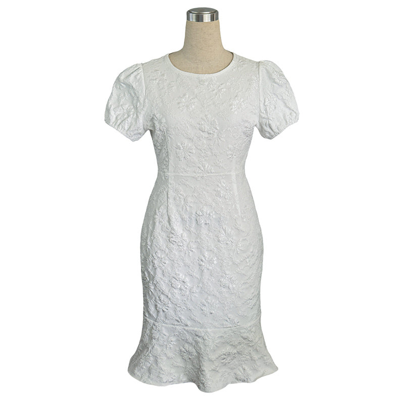 Women's Floral Jacquard Dress Women's Short Puff Sleeve Crew Neck Ruffle Hem Bodycon Dresses - My Store