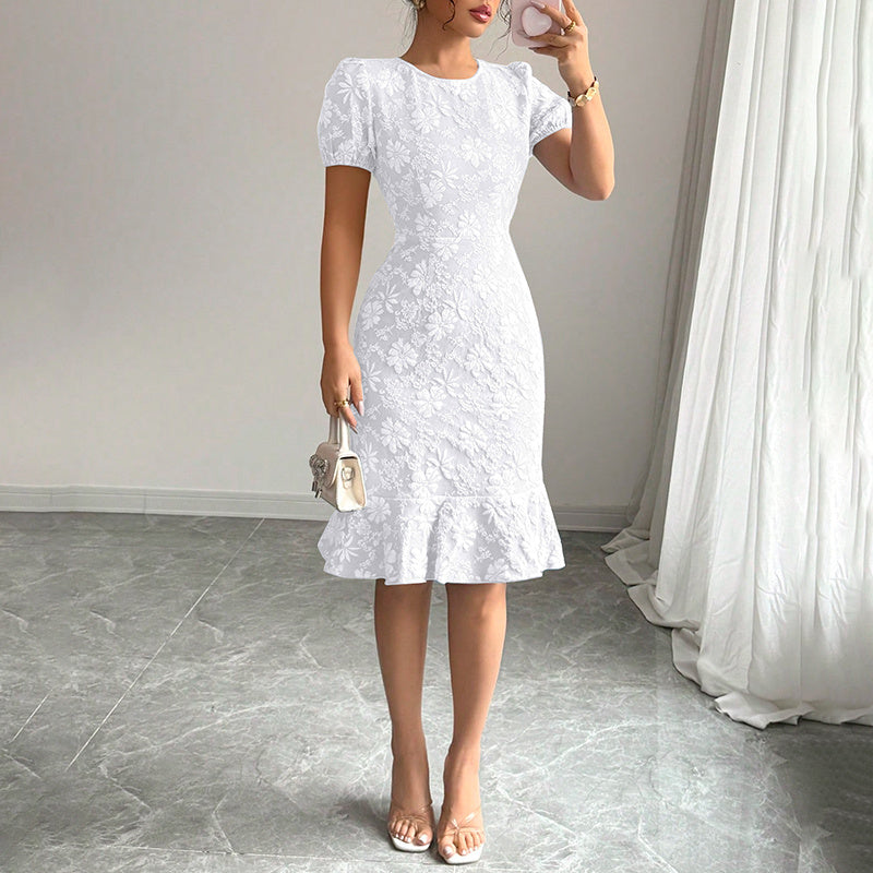 Women's Floral Jacquard Dress Women's Short Puff Sleeve Crew Neck Ruffle Hem Bodycon Dresses - My Store