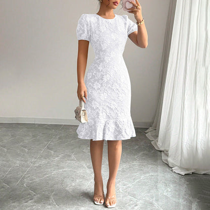 Women's Floral Jacquard Dress Women's Short Puff Sleeve Crew Neck Ruffle Hem Bodycon Dresses - My Store