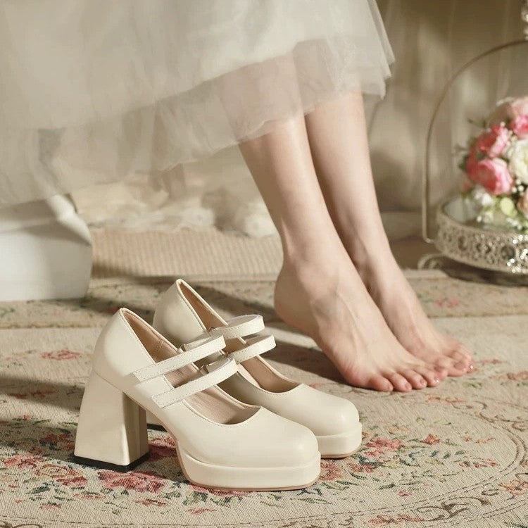 White Mary Jane Chunky Heel Wedding Shoes - My Store
