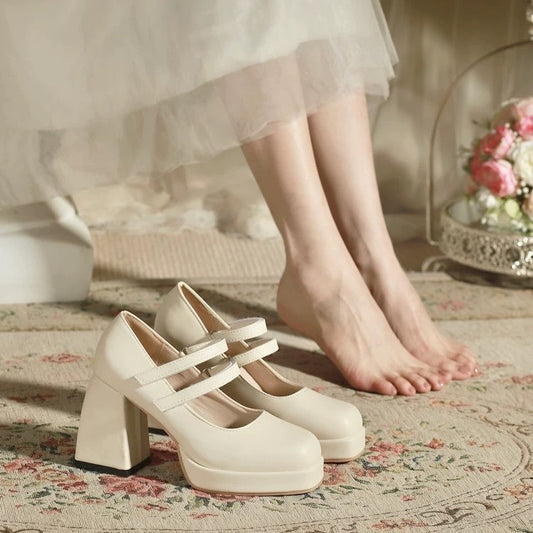 White Mary Jane Chunky Heel Wedding Shoes - My Store