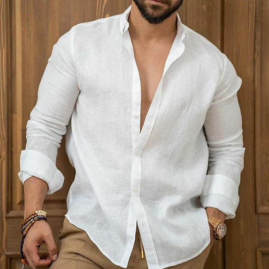 Amazon Men's Linen Shirt Button Shirt Summer Beach Solid Color - My Store