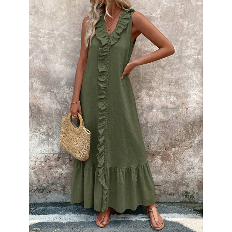 Women's Elegant Casual Summer Dress - V-Neck Sleeveless Ruffled Vacation Long Dress With Pleated Hem - My Store