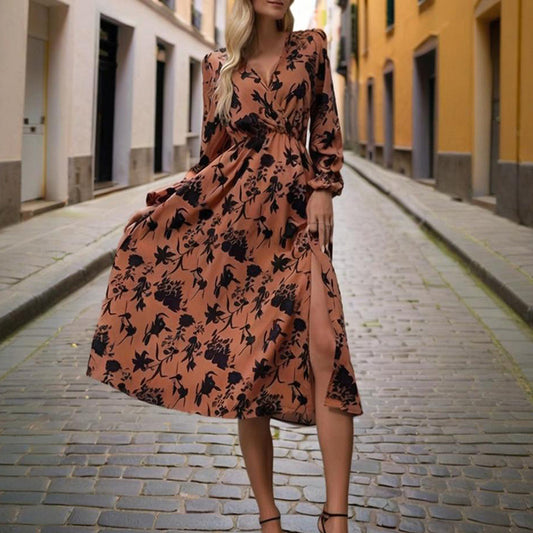 Women's V-Neck Long Sleeve Boho Maxi Dress Floral Print Cuffed Sleeves With Hem Side Slit & Waist A-Line Beach Vacation Dress - My Store