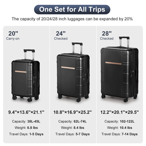 FCH 3-in-1 Set Double Wheel Silent Wheel With Wet & Dry Separation Compartment ABS, PC Trolley Case 20in 24in 28in ABS, PC Inner Aluminum Outer Iron Tie Rod Fabric - Black - My Store