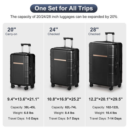 FCH 3-in-1 Set Double Wheel Silent Wheel With Wet & Dry Separation Compartment ABS, PC Trolley Case 20in 24in 28in ABS, PC Inner Aluminum Outer Iron Tie Rod Fabric - Black - My Store