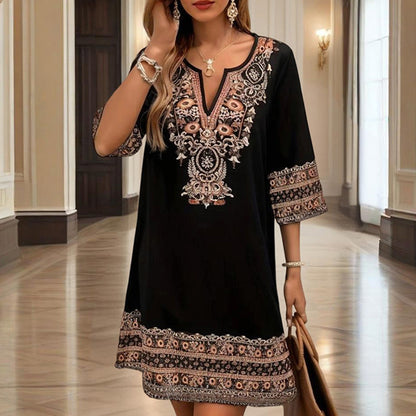 Women's V-Neck Middle Eastern Style Floral Print Midi Dress - Elegant Sleeve Design Lightweight Perfect For Spring&Summer Vacation & Daily Wear - My Store