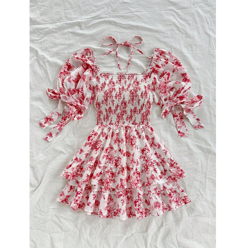 Women's Puff Sleeve Square Neck Smocked Dress Boho Floral Print Off Shoulder Ruffle Mini Short Dress - My Store