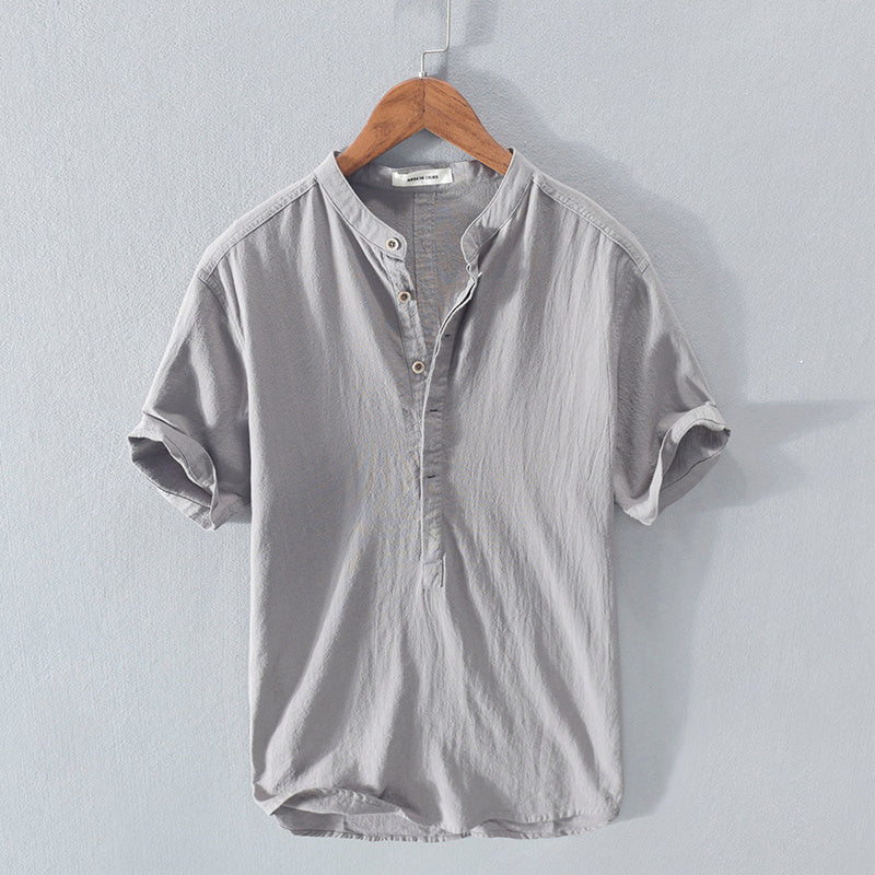 Men's Stand Collar Japanese Ice Silk Linen Short Sleeve T-shirt - My Store