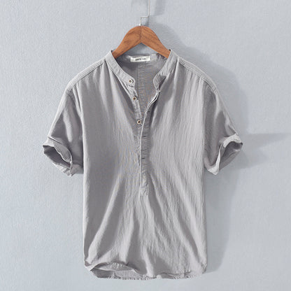 Men's Stand Collar Japanese Ice Silk Linen Short Sleeve T-shirt - My Store