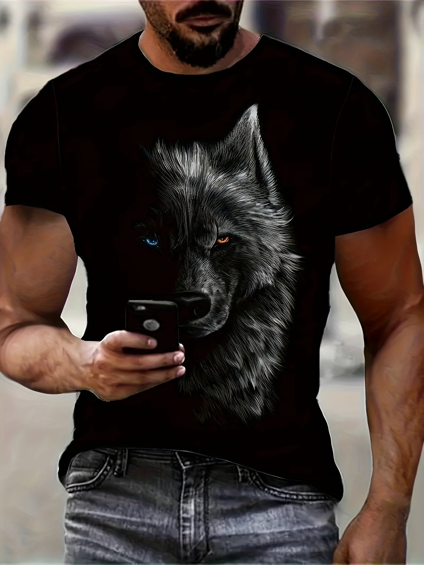 3D Digital Cool Wolf Contrast Color Eye Pattern Round Neck T-shirt, Men's Summer Outdoor Activity Fashion Top - My Store