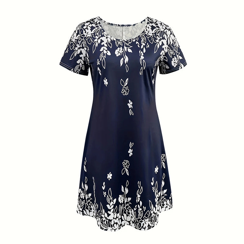 Women's Summer Boho Dress Vintage Floral Print Short Sleeve T-Shirt Sundress Beach Casual Dress - My Store