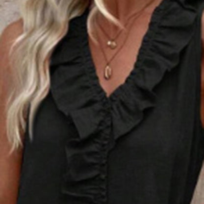 Women's Elegant Casual Summer Dress - V-Neck Sleeveless Ruffled Vacation Long Dress With Pleated Hem - My Store