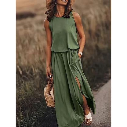 Women's Maxi Dress Summer Sleeveless Crewneck Sundress Casual Loose Long Dresses With Pockets - My Store
