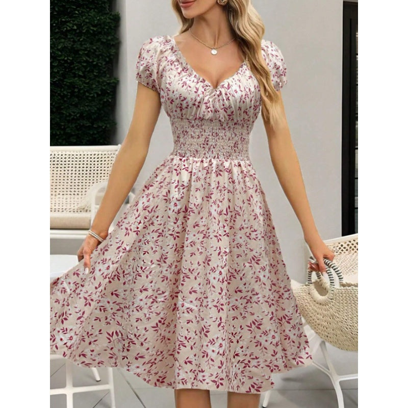 Women's Floral Summer Dress Casual Short Sleeve Ruffle Flowy Midi Sundress Boho Beach Vacation Dress - My Store