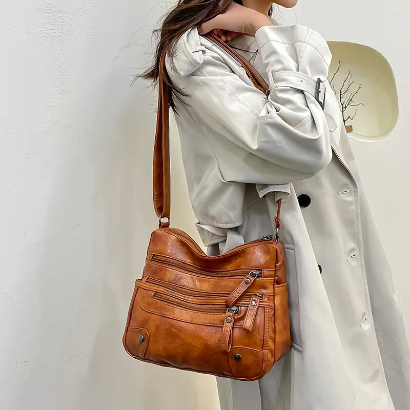 Women Shoulder Bag Large Capacity Washed Leather Messenger Bags Multi Zipper - My Store