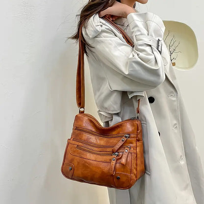 Women Shoulder Bag Large Capacity Washed Leather Messenger Bags Multi Zipper - My Store