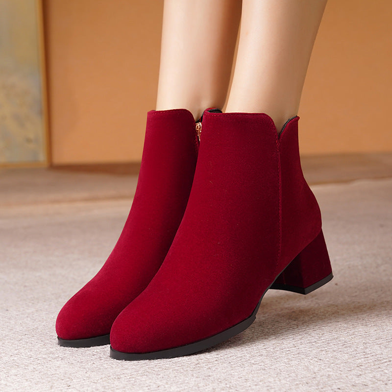 Pointed-toe Frosted Suede Side Zipper Chunky Heel Mid Heel Plus Size Female Boots - My Store