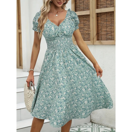 Women's Floral Summer Dress Casual Short Sleeve Ruffle Flowy Midi Sundress Boho Beach Vacation Dress - My Store