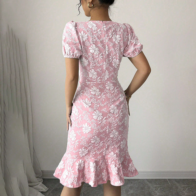 Women's Floral Jacquard Dress Women's Short Puff Sleeve Crew Neck Ruffle Hem Bodycon Dresses - My Store