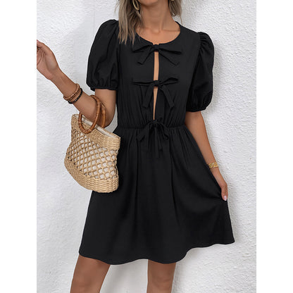 Women's Striped Tie Front Puff Sleeve Summer Casual Mini Dresses Loose Flowy Sundress - My Store